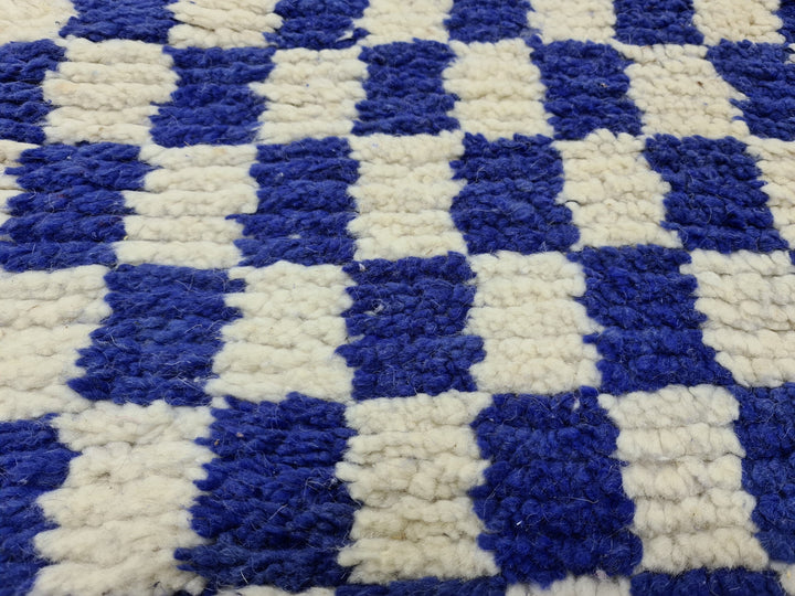 . feet . feet new Moroccan Berber shaggy runner rug Blue and white Wool Checkered runner rug