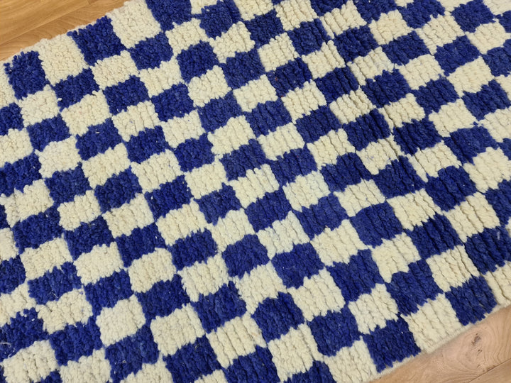 . feet . feet new Moroccan Berber shaggy runner rug Blue and white Wool Checkered runner rug