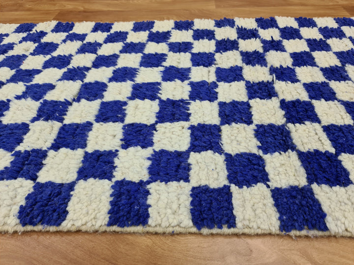 . feet . feet new Moroccan Berber shaggy runner rug Blue and white Wool Checkered runner rug