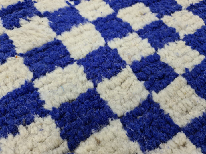 . feet . feet new Moroccan Berber shaggy runner rug Blue and white Wool Checkered runner rug