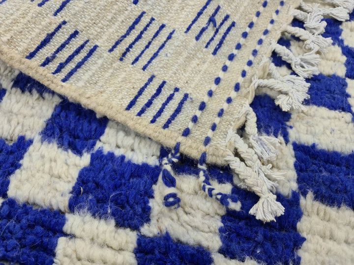 . feet . feet new Moroccan Berber shaggy runner rug Blue and white Wool Checkered runner rug