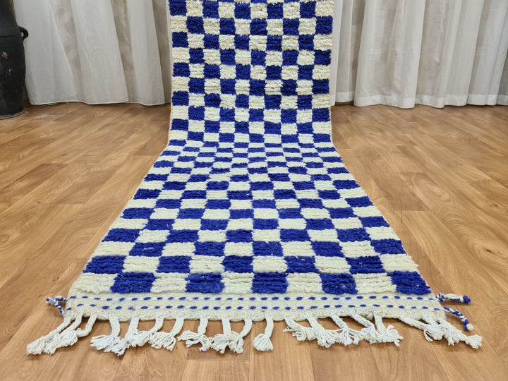 . feet . feet new Moroccan Berber shaggy runner rug Blue and white Wool Checkered runner rug