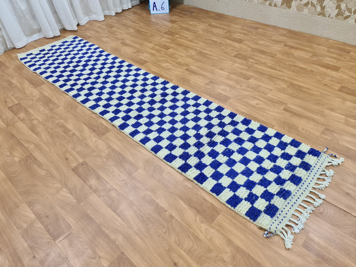 . feet . feet new Moroccan Berber shaggy runner rug Blue and white Wool Checkered runner rug