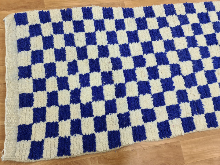 . feet . feet new Moroccan Berber shaggy runner rug Blue and white Wool Checkered runner rug