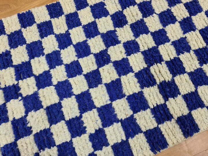 . feet . feet new Moroccan Berber shaggy runner rug Blue and white Wool Checkered runner rug