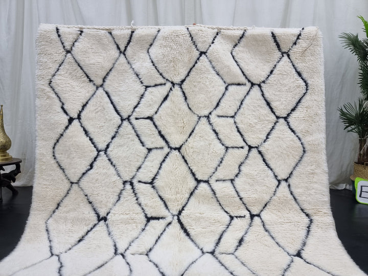 Authentic Moroccan Rug Beni Ourain Rug,Berber Geometric Rug, White And Black Moroccan Rug, Bohemian Area Rug, White Wool Rug, Plush Rug.