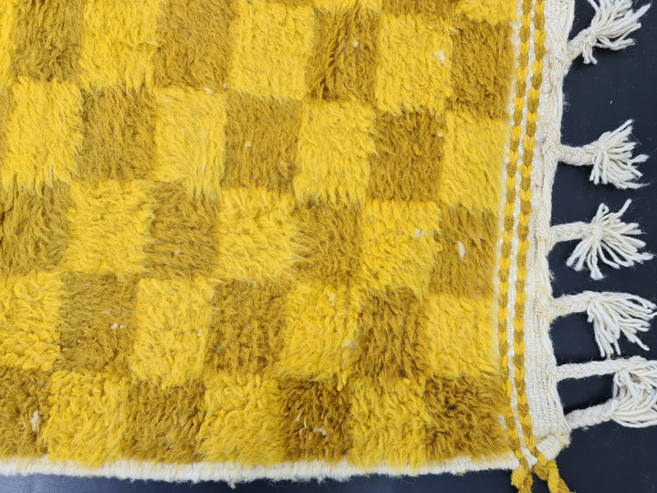 Beni Ourain Rug  Checkered Rug Moroccan Yellow and Cumin Carpet Handmade Authentic Carpet Sheep Wool Rug Berber Symbols Tapis Marocain