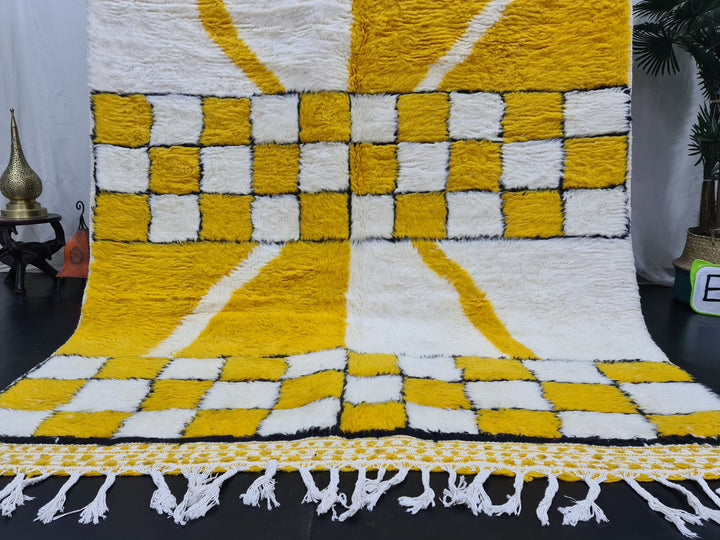 Abstract Moroccan Carpet, White and Yolk Yellow Rug, Beni Ouarain Rug, Authentic Wool, Berber Rug, Checker Rug, Handmade Rug,Teppish Marokko