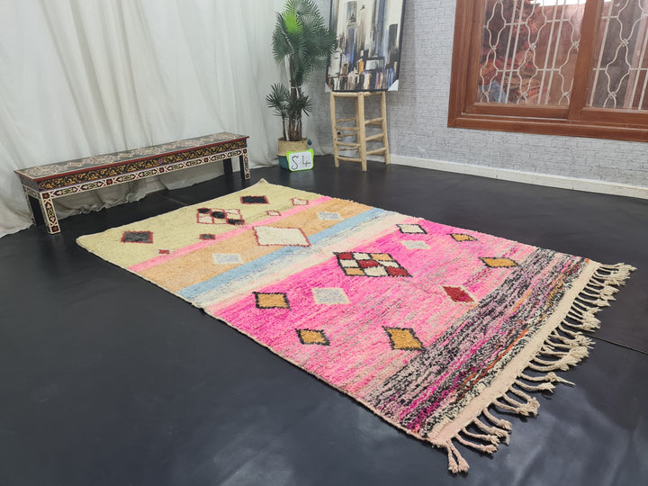 Authentic Moroccan Rug, Boujaad Geometric Rug  Tribal Rug  Handmade Moroccan Rug  Berber Carpet Bohemian Rug, Pink And Orange Wool Rug.