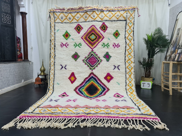 Gorgeous Beni Ourain Rug, Moroccan Handmade Carpet, Tribal Geometric Rug, Sheep Wool Rug, Authentic White And Pink Rug, Berber Symbols Rug,