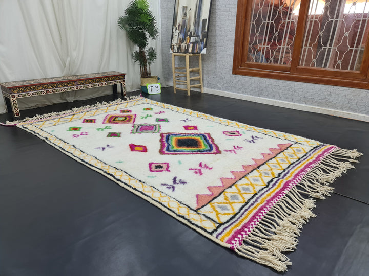 Gorgeous Beni Ourain Rug, Moroccan Handmade Carpet, Tribal Geometric Rug, Sheep Wool Rug, Authentic White And Pink Rug, Berber Symbols Rug,