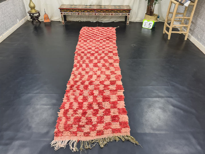  moroccan rug, handmade moroccan runner rug, faded red and pink runner, checkered  runner rug, berber carpet, tapis marocain.