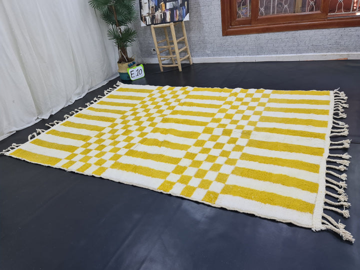 Checkered Moroccan Rug, Handmade Beni Ourain Rug, Authentic Moroccan Rug, Azilal Rug, Berber Rug, White and Yellow Wool,Bohemian rug