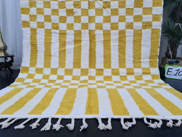 Checkered Moroccan Rug, Handmade Beni Ourain Rug, Authentic Moroccan Rug, Azilal Rug, Berber Rug, White and Yellow Wool,Bohemian rug