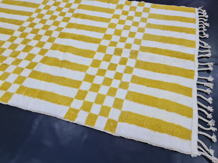 Checkered Moroccan Rug, Handmade Beni Ourain Rug, Authentic Moroccan Rug, Azilal Rug, Berber Rug, White and Yellow Wool,Bohemian rug