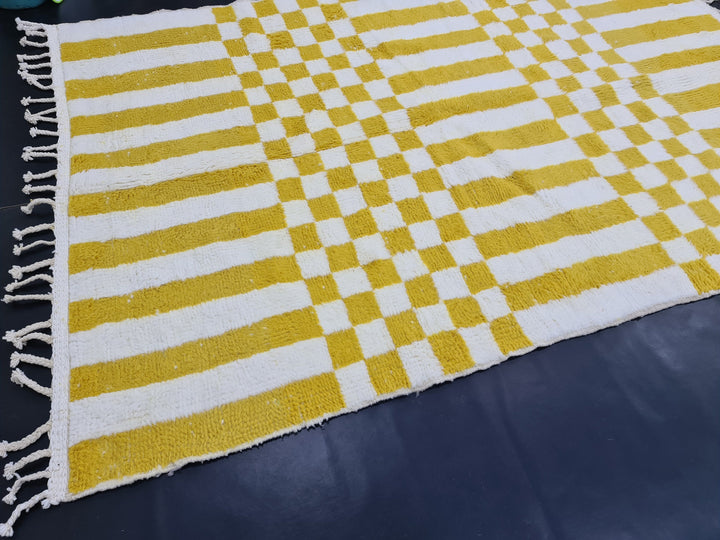 Checkered Moroccan Rug, Handmade Beni Ourain Rug, Authentic Moroccan Rug, Azilal Rug, Berber Rug, White and Yellow Wool,Bohemian rug