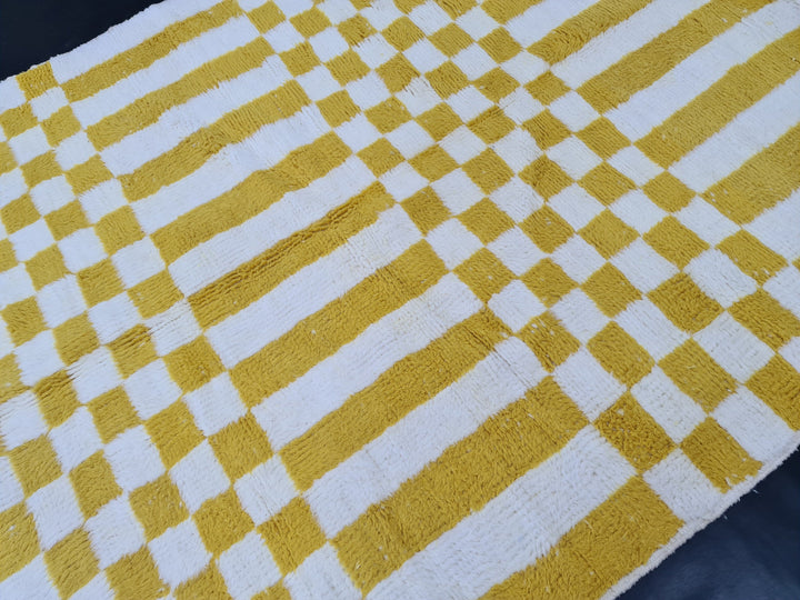 Checkered Moroccan Rug, Handmade Beni Ourain Rug, Authentic Moroccan Rug, Azilal Rug, Berber Rug, White and Yellow Wool,Bohemian rug