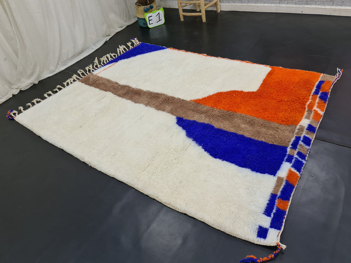 Abstract Moroccan Rug, Handmade Beni Ourain Rug, Authentic Moroccan Rug, Azilal Rug, Berber Rug, White and Orange Carpet, Bohemian rug