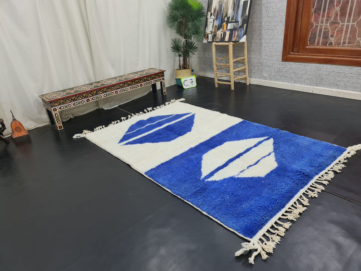 Fabulous Moroccan Rug, Handmade Beni Ourain Rug, Authentic Moroccan Rug, White And Blue Rug, Berber Rug, Abstract Carpet, Moroccan Rug.