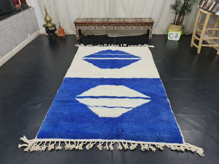 Fabulous Moroccan Rug, Handmade Beni Ourain Rug, Authentic Moroccan Rug, White And Blue Rug, Berber Rug, Abstract Carpet, Moroccan Rug.