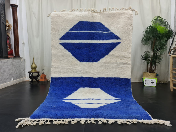 Fabulous Moroccan Rug, Handmade Beni Ourain Rug, Authentic Moroccan Rug, White And Blue Rug, Berber Rug, Abstract Carpet, Moroccan Rug.