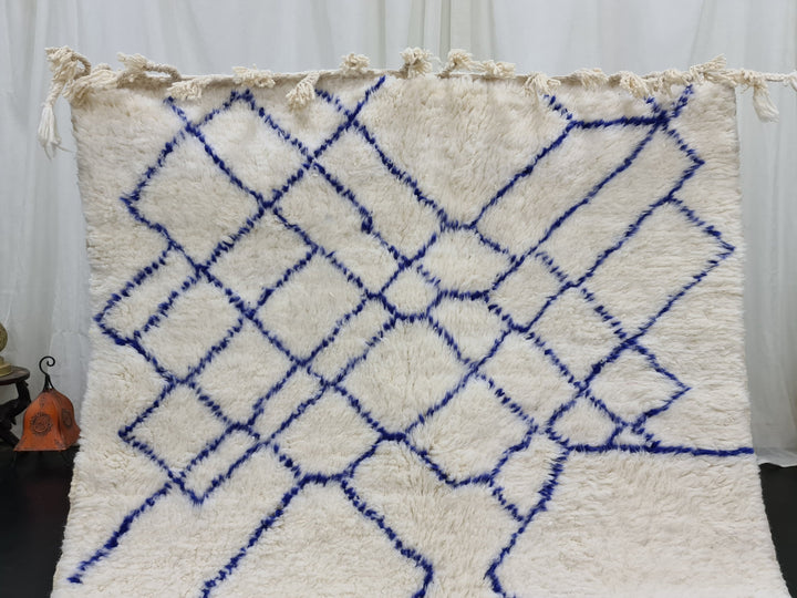 Unique Beni OurainRug, Handmade Moroccan Rug, White and Blue Rug, Bohemian Abstract Carpet, Berber Rug, Wool Handwoven Rug, Tapis Marocain