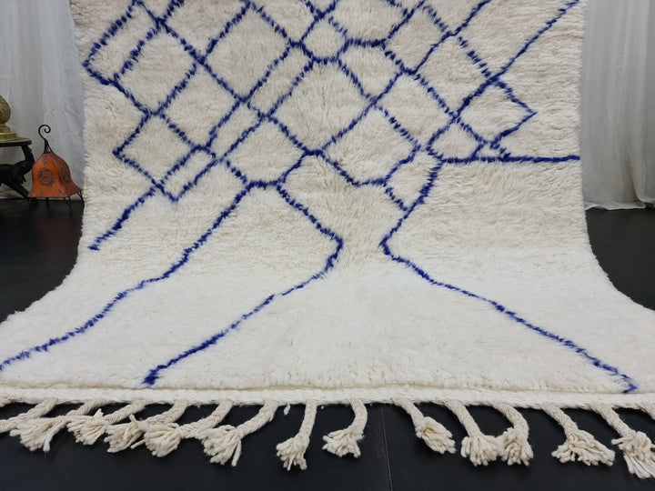 Unique Beni OurainRug, Handmade Moroccan Rug, White and Blue Rug, Bohemian Abstract Carpet, Berber Rug, Wool Handwoven Rug, Tapis Marocain