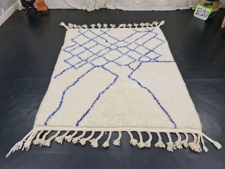 Unique Beni OurainRug, Handmade Moroccan Rug, White and Blue Rug, Bohemian Abstract Carpet, Berber Rug, Wool Handwoven Rug, Tapis Marocain