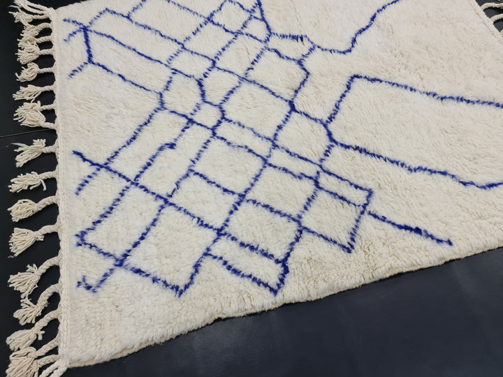 Unique Beni OurainRug, Handmade Moroccan Rug, White and Blue Rug, Bohemian Abstract Carpet, Berber Rug, Wool Handwoven Rug, Tapis Marocain