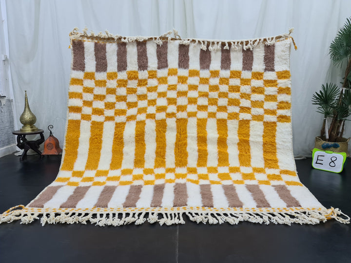 Checkered Beni Ourain Rug, Moroccan Handmade Carpet, Sheep Wool Rug, Berber Rug, Authentic Rug, Tapis berbere, White, Brown and Yellow Rug.