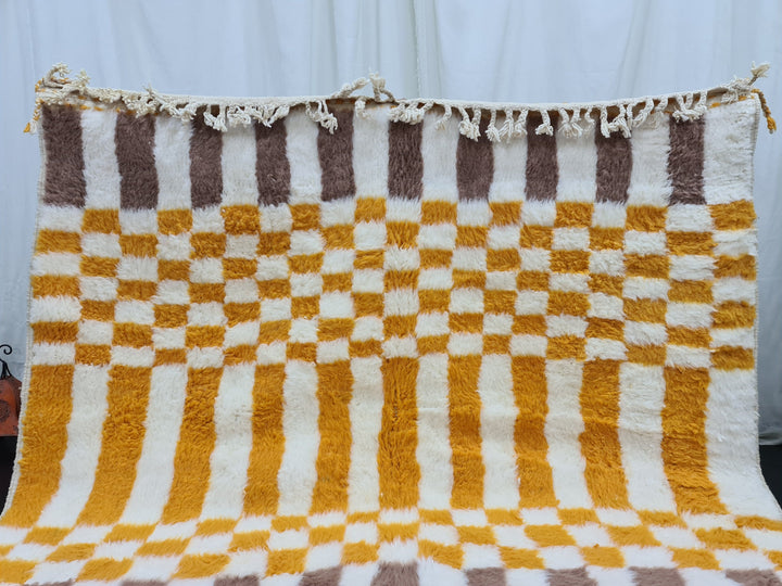 Checkered Beni Ourain Rug, Moroccan Handmade Carpet, Sheep Wool Rug, Berber Rug, Authentic Rug, Tapis berbere, White, Brown and Yellow Rug.