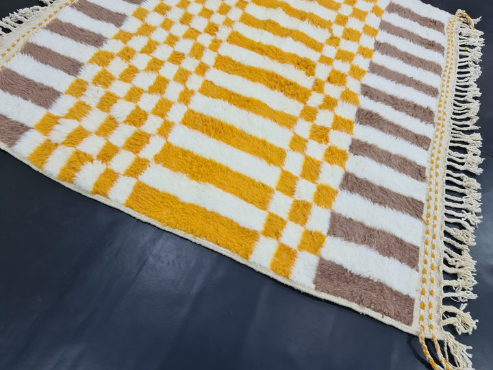 Checkered Beni Ourain Rug, Moroccan Handmade Carpet, Sheep Wool Rug, Berber Rug, Authentic Rug, Tapis berbere, White, Brown and Yellow Rug.