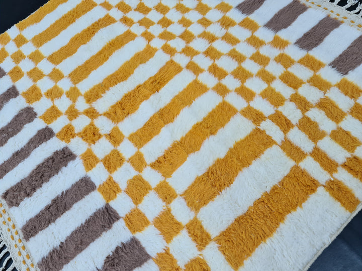 Checkered Beni Ourain Rug, Moroccan Handmade Carpet, Sheep Wool Rug, Berber Rug, Authentic Rug, Tapis berbere, White, Brown and Yellow Rug.