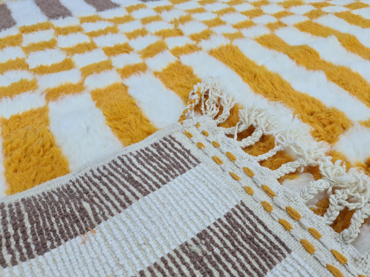 Checkered Beni Ourain Rug, Moroccan Handmade Carpet, Sheep Wool Rug, Berber Rug, Authentic Rug, Tapis berbere, White, Brown and Yellow Rug.