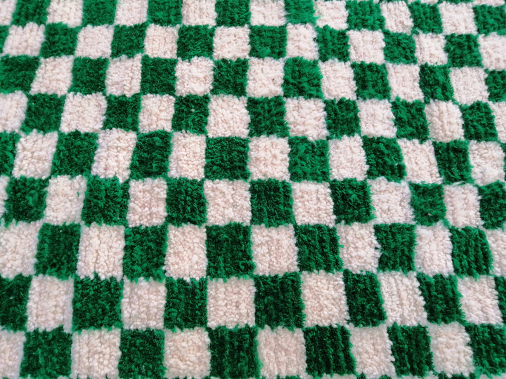 Large Green and white checkered rug, Moroccan Berber checkered rug, Checkered area rug Checkerboard Rug beniourain rug