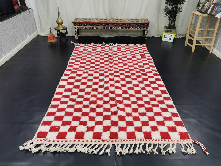 Beni Ourain Rug, Moroccan Rug, Sheep Wool Rug, Checkered Rug, Authentic Carpet, Red and White Rug, Handmade Rug, Berber Rug, Bohemian Rug