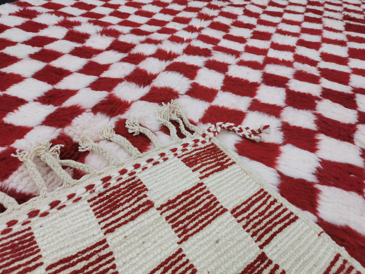 Beni Ourain Rug, Moroccan Rug, Sheep Wool Rug, Checkered Rug, Authentic Carpet, Red and White Rug, Handmade Rug, Berber Rug, Bohemian Rug