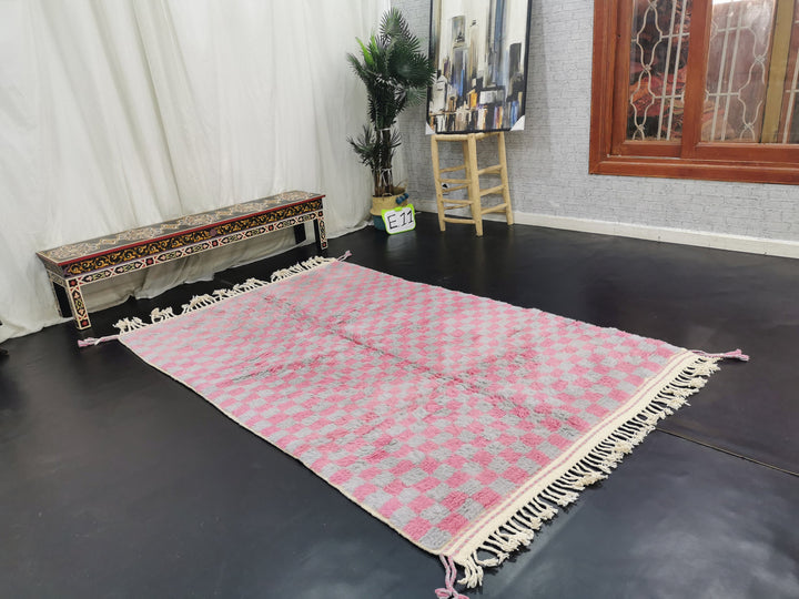 Authentic Beni Ourain Rug, Moroccan Handmade Carpet, Pink and Gray Rug, BerberWool Rug, Sheep Wool Rug, Checker Rug, Tapis berbere,