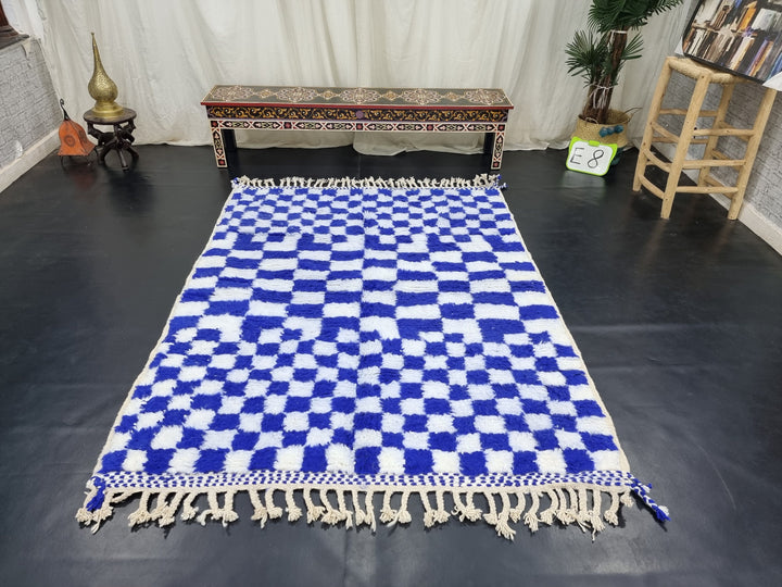 Gorgeous Beni Ourain Rug, Moroccan Handmade Carpet, White and Blue Rug, Tribal Rug, Berber Rug, Authentic Wool, Checker Rug, Tapis berbere.