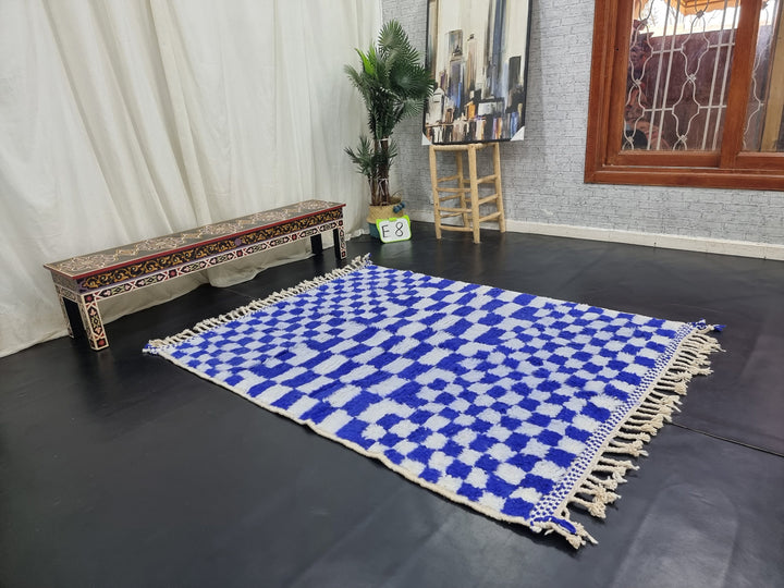 Gorgeous Beni Ourain Rug, Moroccan Handmade Carpet, White and Blue Rug, Tribal Rug, Berber Rug, Authentic Wool, Checker Rug, Tapis berbere.