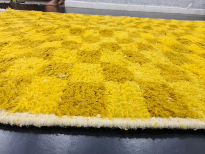 CHECKERED MOROCCAN RUG, Cumin and Yellow Rug, Beni Ouarain Check Rug, Berber Wool, Yellow Berber Rug, Checker Area Rug, Handmade Wool Rug