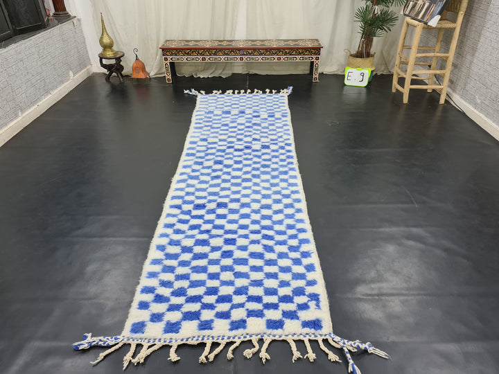 Beni Ourain Moroccan Runner Rug, Handmade Checkered Rug, Authentic Moroccan Rug, Sheep Wool Rug, Blue and White Runner, Berber Runner Rug.