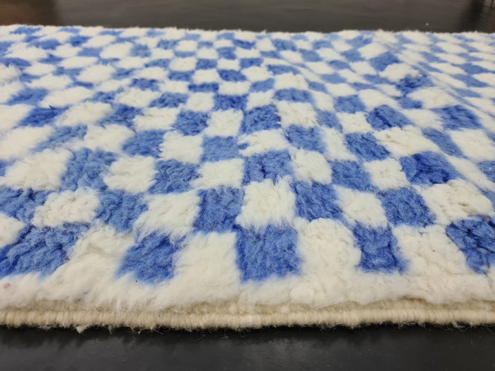 Beni Ourain Moroccan Runner Rug, Handmade Checkered Rug, Authentic Moroccan Rug, Sheep Wool Rug, Blue and White Runner, Berber Runner Rug.