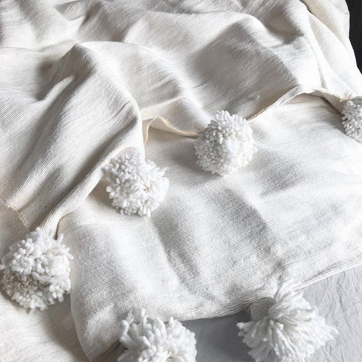 White Moroccan pompom Blanket, Moroccan Blanket, Cotton Blanket Throw Pom Pom, Hand Woven Cover by Artisans on Wooden Loom,bed spread