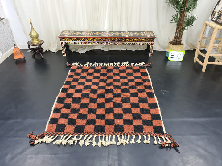 Unique Beni Ourain Rug, Moroccan Rug,Sheep Wool Rug, Checkered Rug, Authentic Carpet, Black And Brown Rug, Handmade Rug, Moroccan Berber Rug