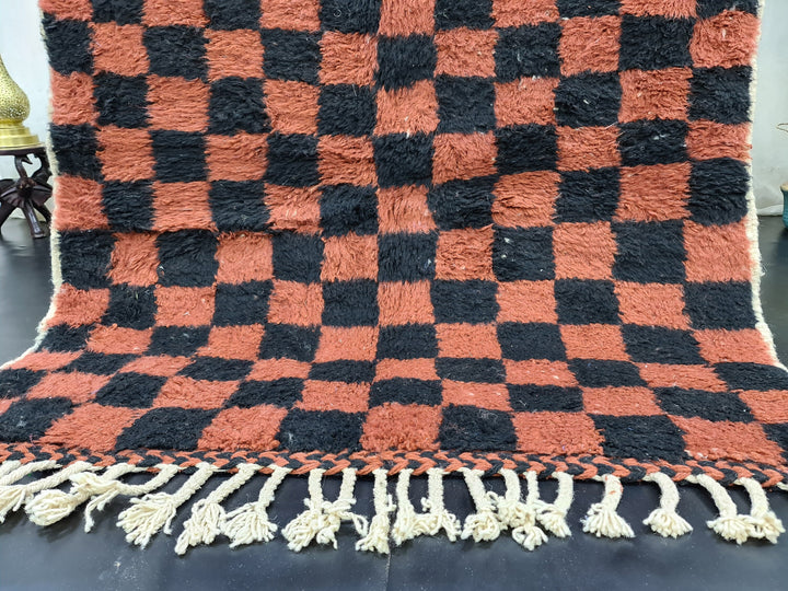 Unique Beni Ourain Rug, Moroccan Rug,Sheep Wool Rug, Checkered Rug, Authentic Carpet, Black And Brown Rug, Handmade Rug, Moroccan Berber Rug