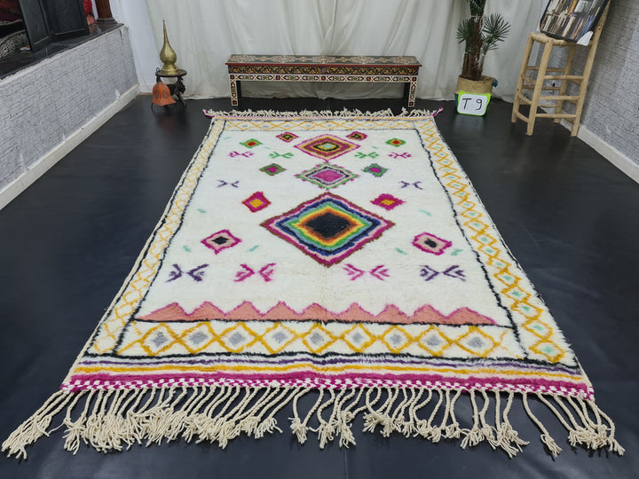 Gorgeous Beni Ourain Rug, Moroccan Handmade Carpet, Tribal Geometric Rug, Sheep Wool Rug, Authentic White And Pink Rug, Berber Symbols Rug,