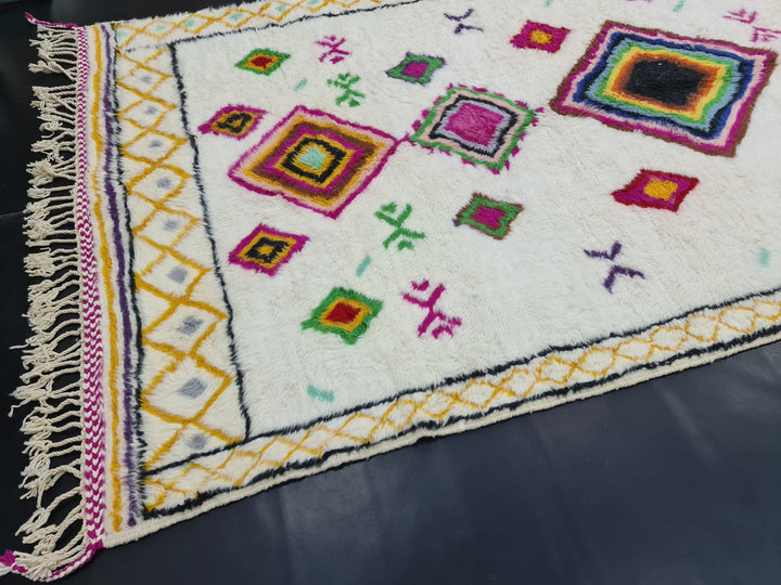 Gorgeous Beni Ourain Rug, Moroccan Handmade Carpet, Tribal Geometric Rug, Sheep Wool Rug, Authentic White And Pink Rug, Berber Symbols Rug,