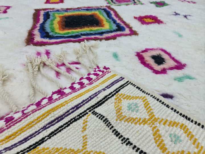 Gorgeous Beni Ourain Rug, Moroccan Handmade Carpet, Tribal Geometric Rug, Sheep Wool Rug, Authentic White And Pink Rug, Berber Symbols Rug,