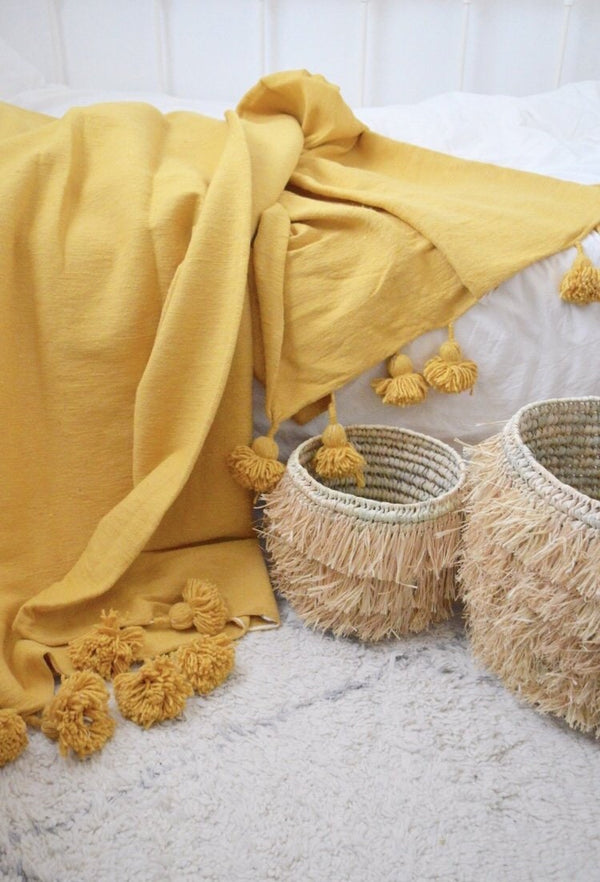 moroccan throw blanket, Cotton Moroccan Pompom Blanket,bedroom blanket, Mustard moroccan pompom blanket, Tassel pom pom throw